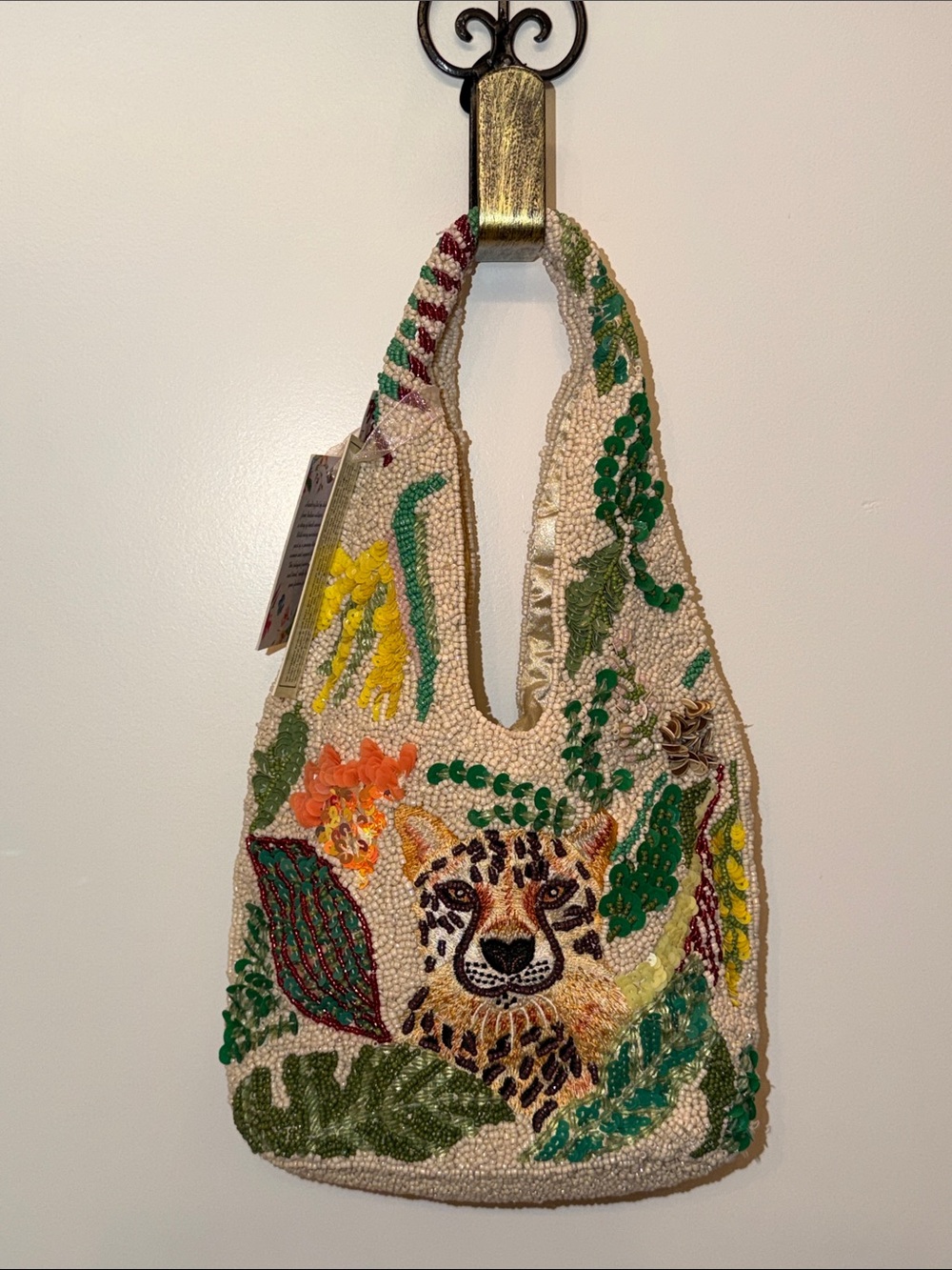 NWT-Viral Hand-Beaded Shoulder Bag with Leopard Motif in Cream and Green.